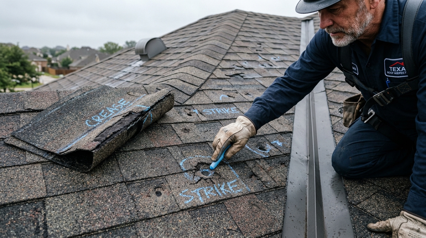 Professional hail storm inspection on Texas roof