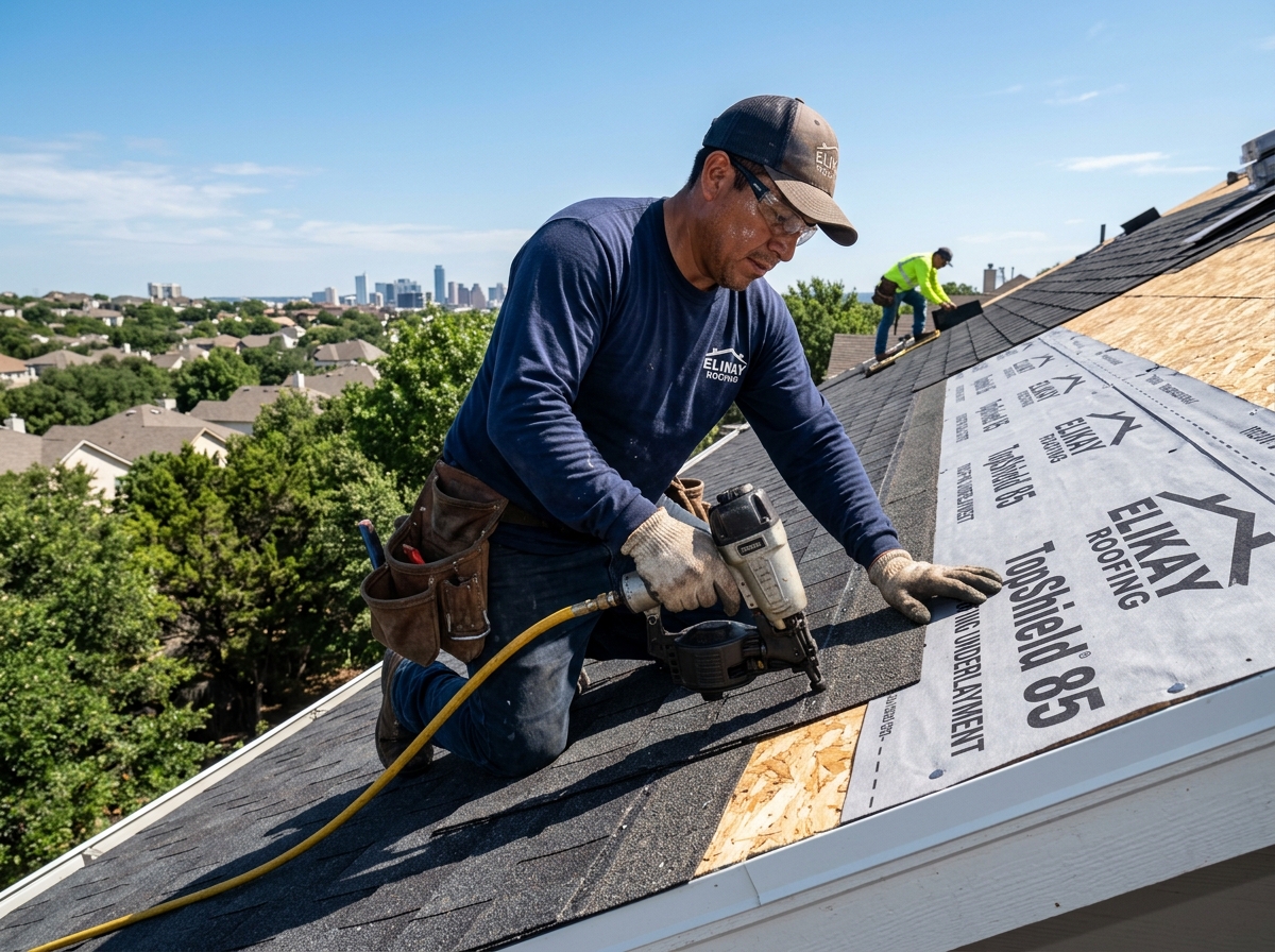 EliKay Roofing craftsman installing heavy synthetic underlayment on roof decking